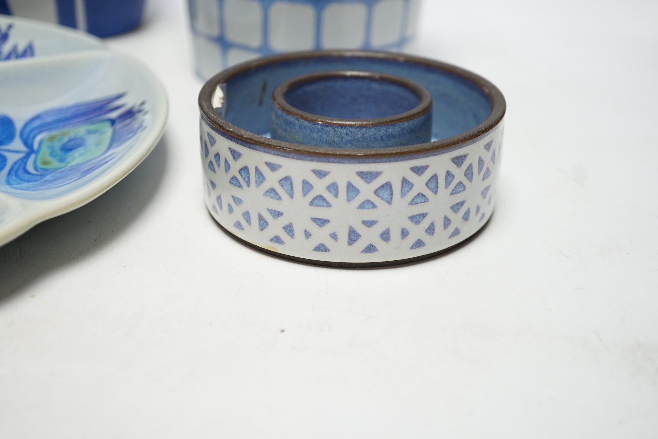 A Royal Copenhagen Alumina ware blue and white vase, a bamboo handled pot, a circular five section entre dish and shallow circular ringed vase, blue and white vase 18cm